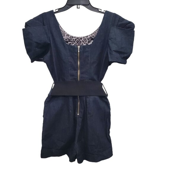 Boom Boom Jeans Women's Y2K Dark Chambray Stud Belted Puff Denim‎ Romper Size M - Picture 5 of 5